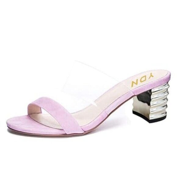 YDN Chic Open Toe Wide Straps Slide Mules Sandals Mid Silver Block Chunky Heels - Picture 1 of 8